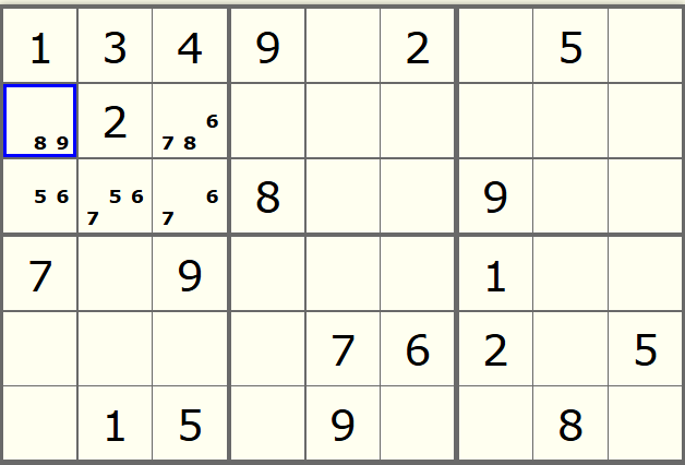Sudoku grid of a hidden single.