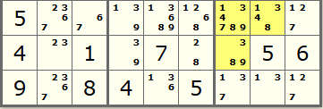Sudoku grid showing two cells that have multiple candidate but 2 are unique to these 2 cells