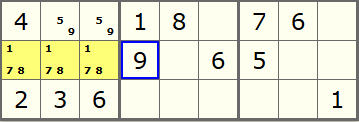 Sudoku grid showing three cells that can only holt 1, 7, or 8. this is called a Naked Triple
